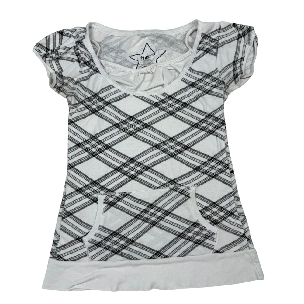 VTG Y2K Energie Plaid Short Sleeve Top Scoop Neck Kangaroo Pocket Sz Medium